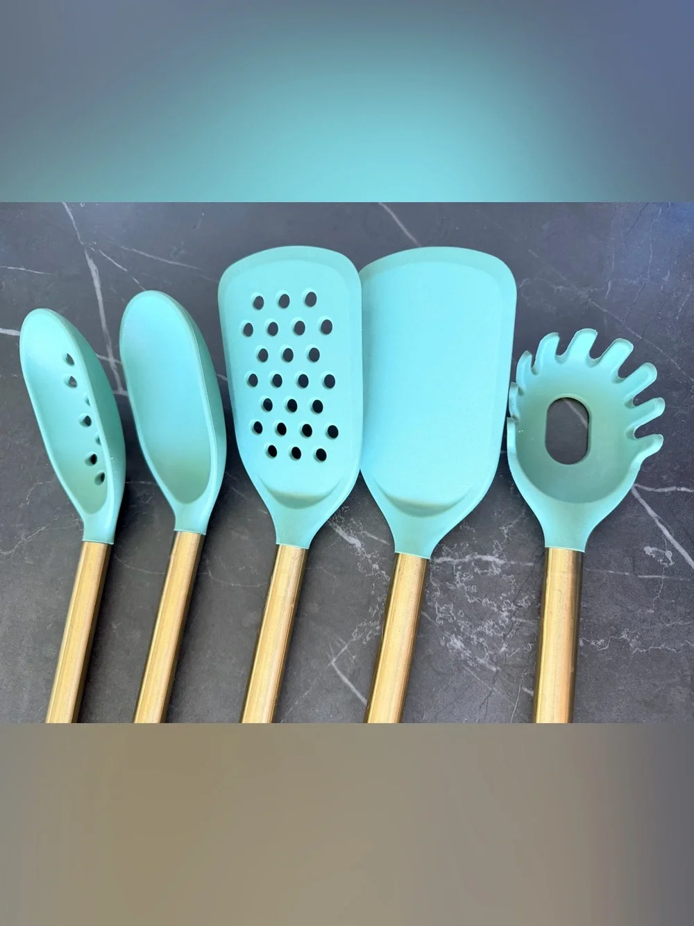 Cooking Utensils Green silicone w “brass” VGC